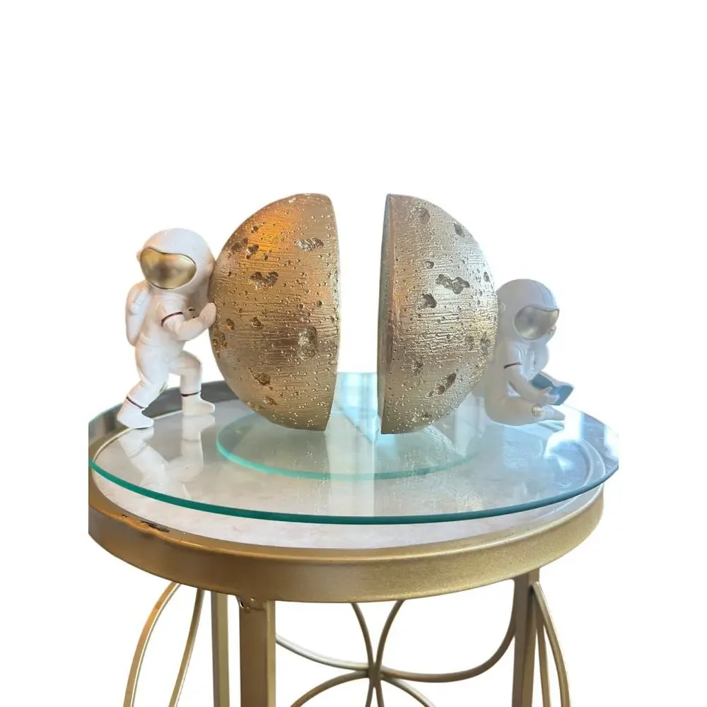 Astronaut Moon Bookends Gold Resin Space Decor Modern Cosmic Shelf Decor